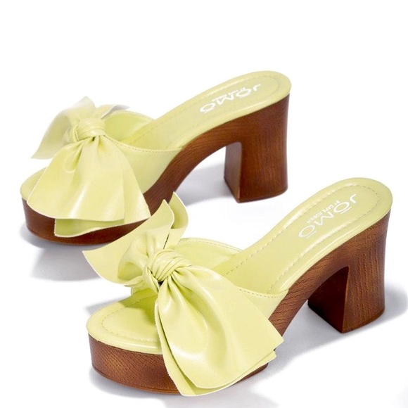 Shoes - Lemon Lime Vegan Leather Block Wooden High Heel Triangle Mule Sandals